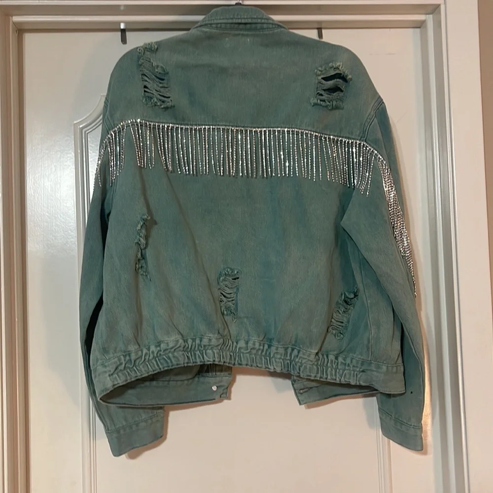 POL Green Denim Rhinestone Fringe Jacket - Picture 3 of 3